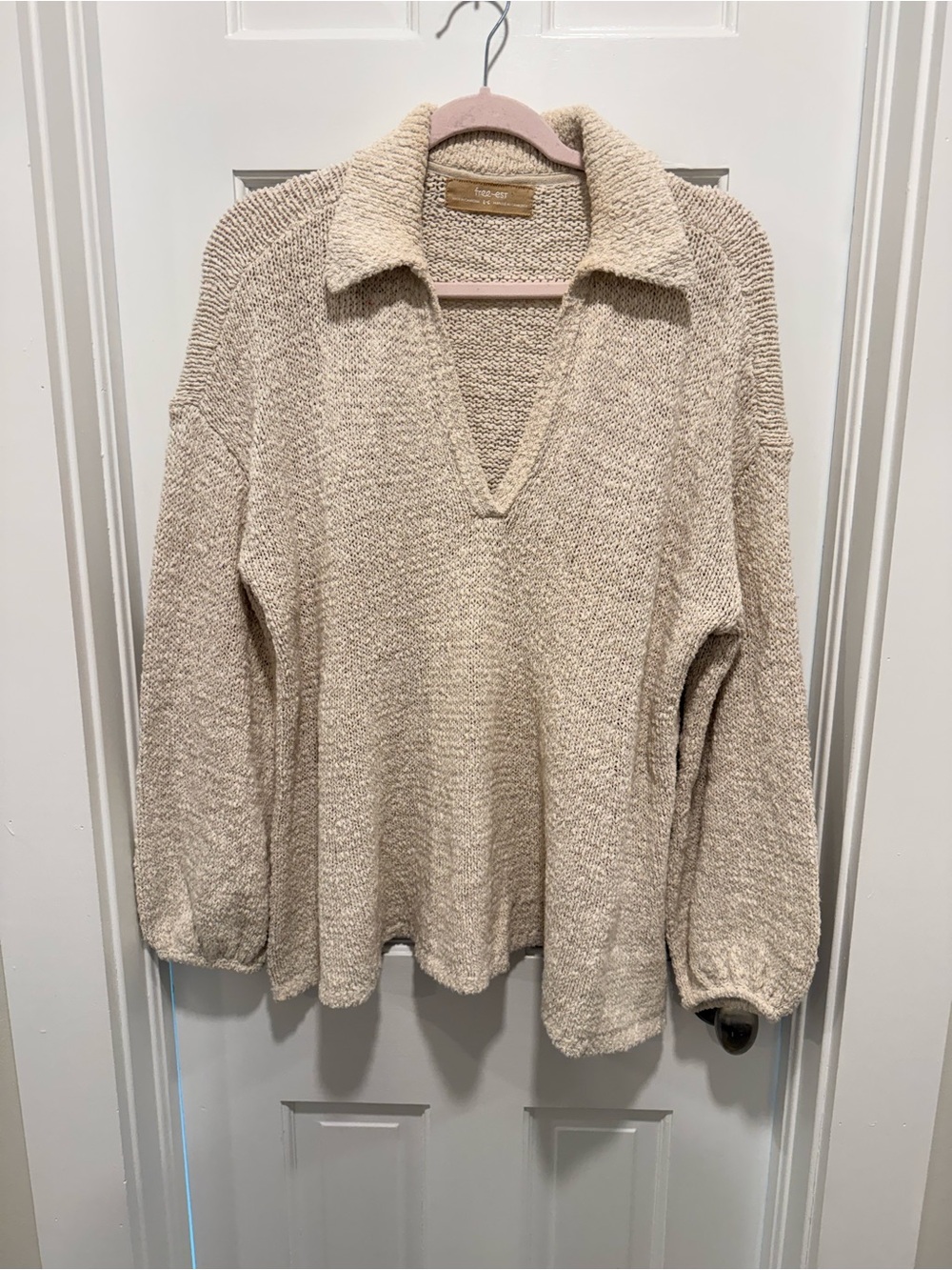 Free People Collared V-Neck Pullover Sweater - Cream